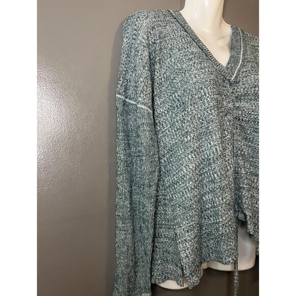 Waffle Knit Sweater Womens Green White V Neck Long Sleeve Drawstring Hem - Picture 2 of 5